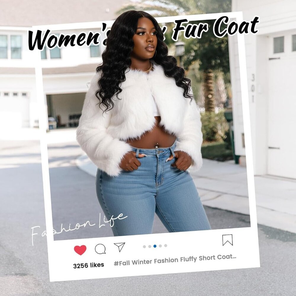 〽️Women's White WELLATENT Plus Cropped Faux Fur Fluffy Fuzzy Fall Jacket - Picture 3 of 6